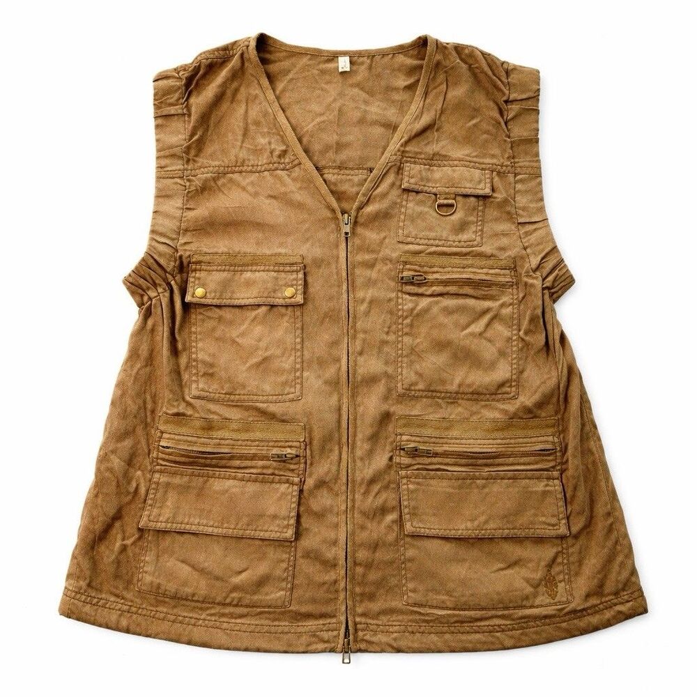 Free People Utility Cargo Vest Womens Small Tan Boho Zip Pockets Military Safari - Picture 2 of 7